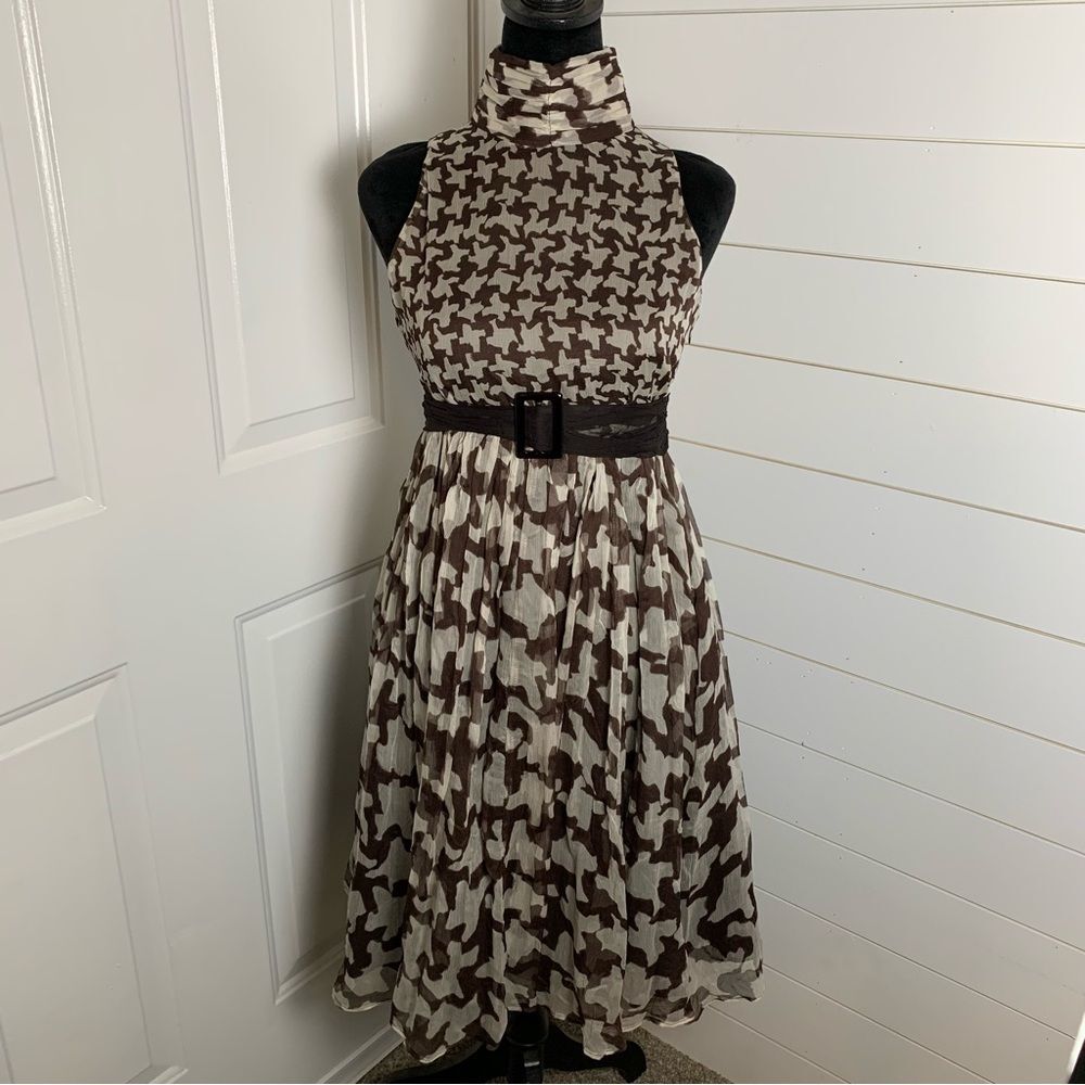 ZARA Brown Houndstooth Silk Chiffon Roll Neck Belt Sleeveless Cocktail Dress, S